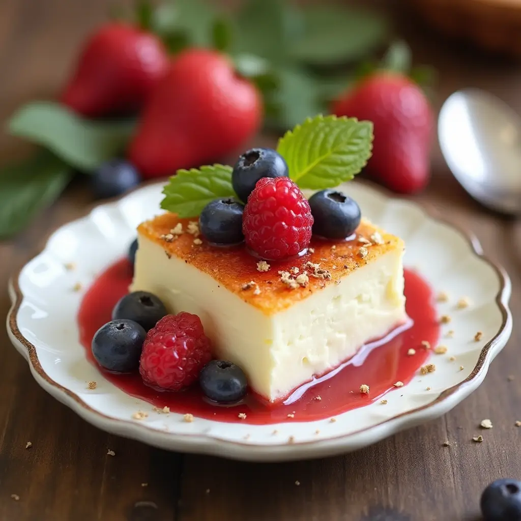 A bowl of sweet cottage cheese dessert garnished with berries and a sprinkle of cinnamon.
