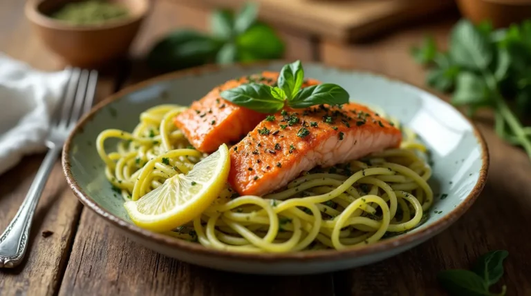 A plate of salmon pesto pasta with tender salmon fillets, creamy pesto sauce, and al dente pasta.