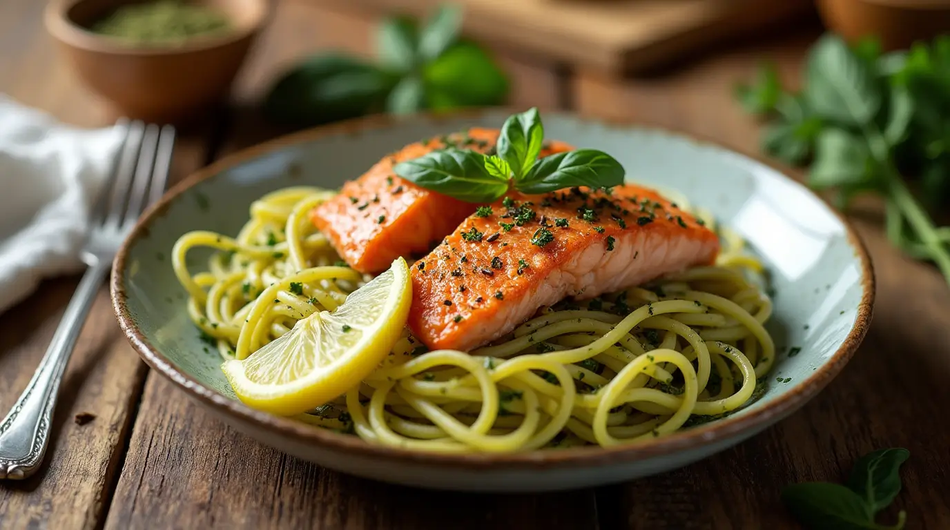 A plate of salmon pesto pasta with tender salmon fillets, creamy pesto sauce, and al dente pasta.