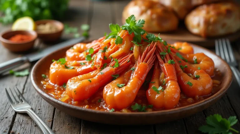 A rich, golden seafood boil sauce served with a spread of crab legs, shrimp, corn, and potatoes.