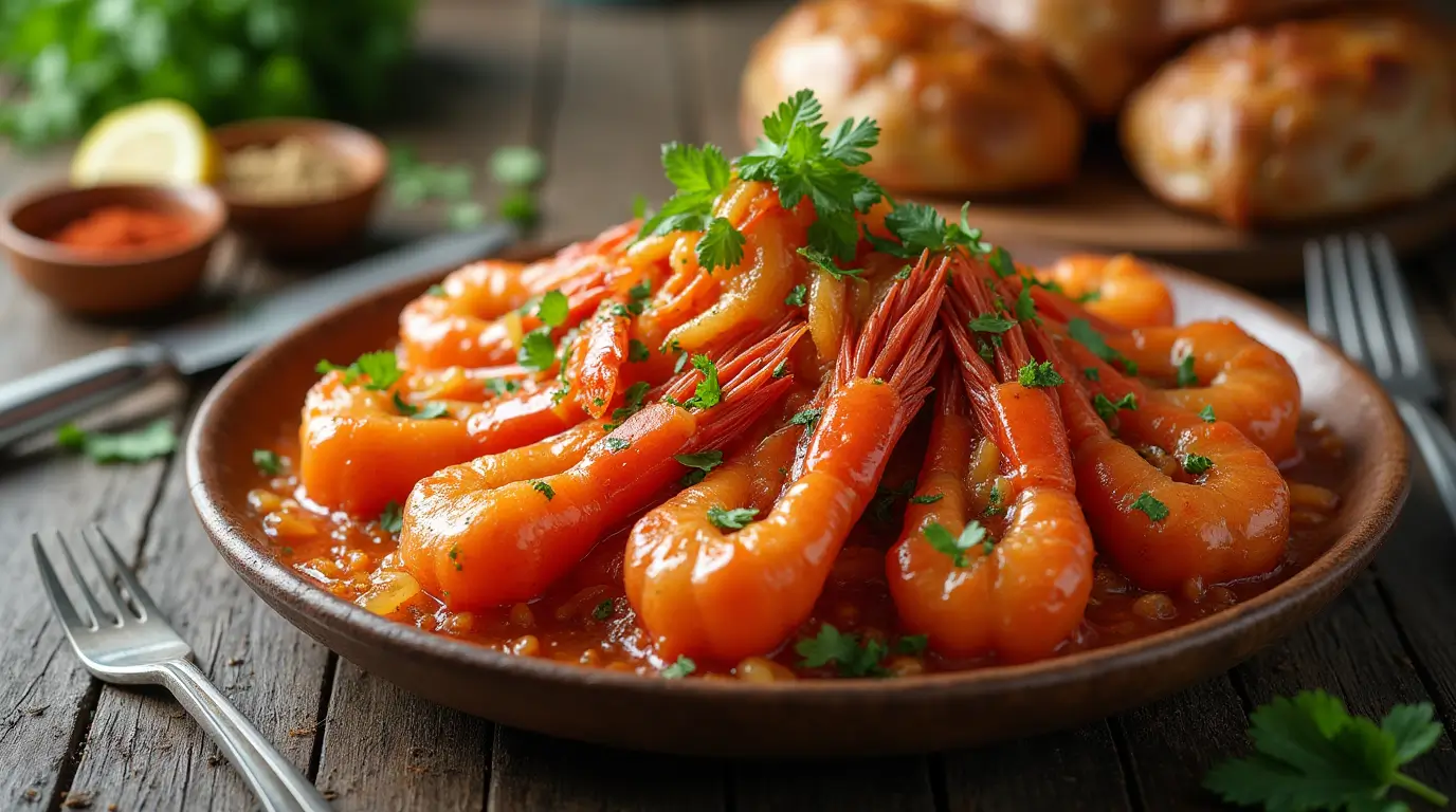 A rich, golden seafood boil sauce served with a spread of crab legs, shrimp, corn, and potatoes.