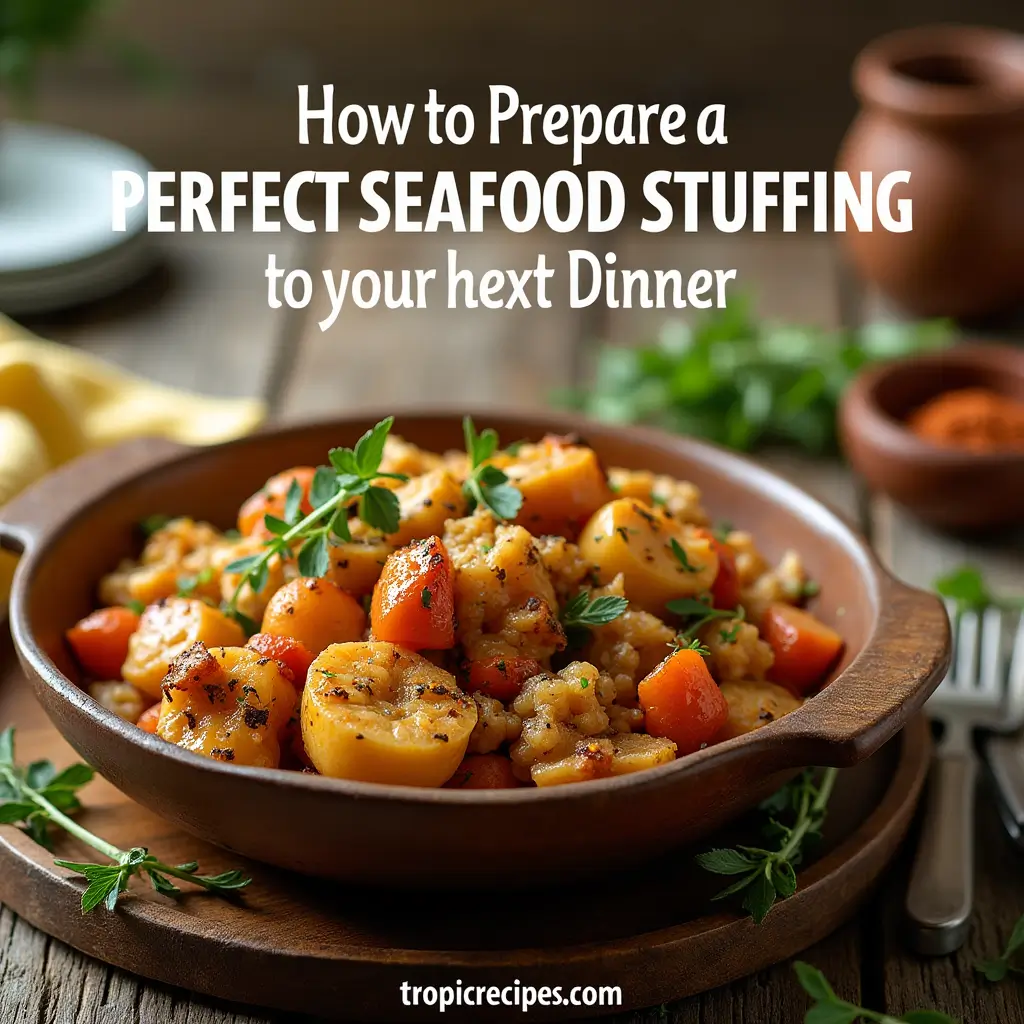 A serving of golden-baked seafood stuffing on a plate, garnished with fresh parsley and a lemon wedge.