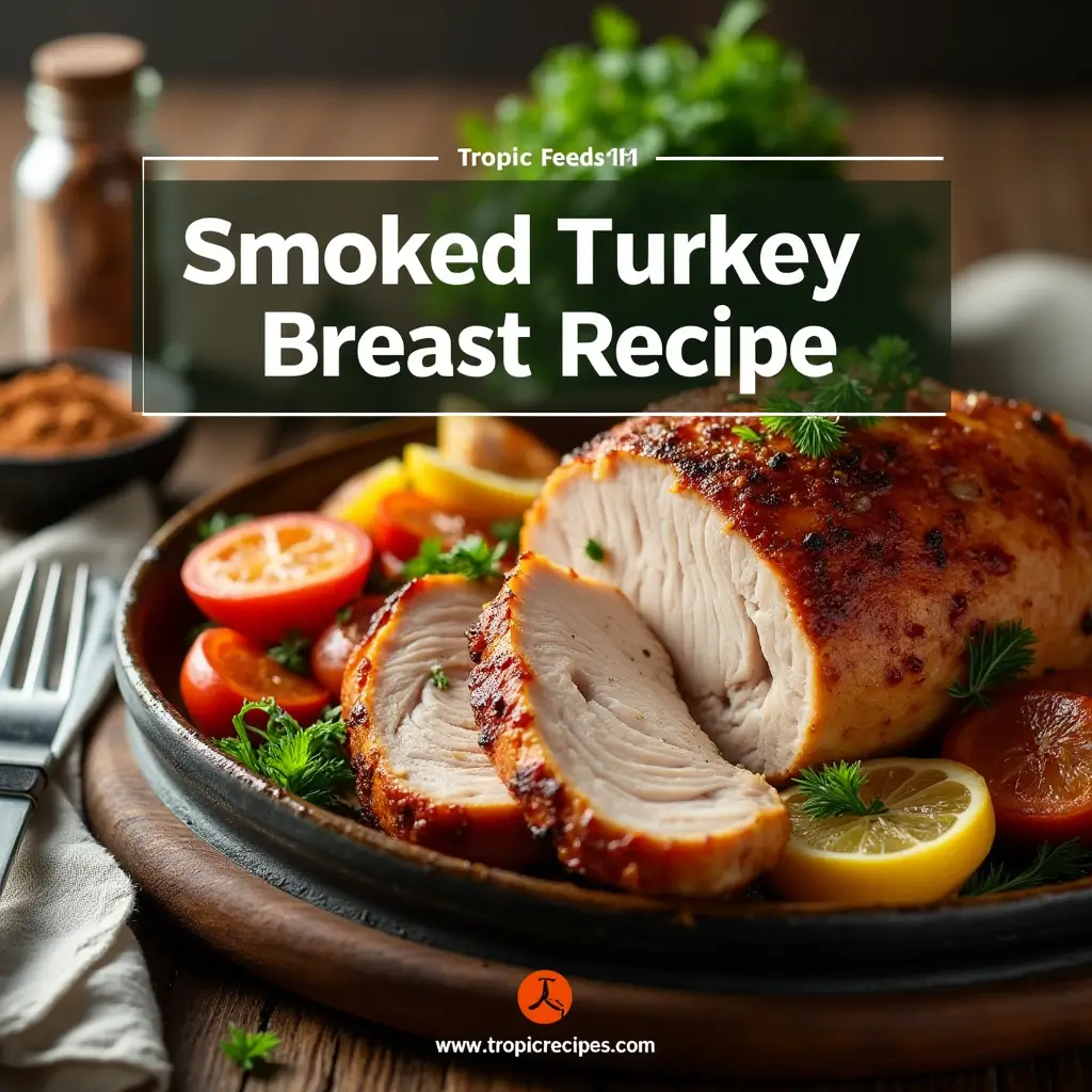 Sliced smoked turkey breast served on a platter with fresh rosemary, thyme, and cranberry sauce on the side.

