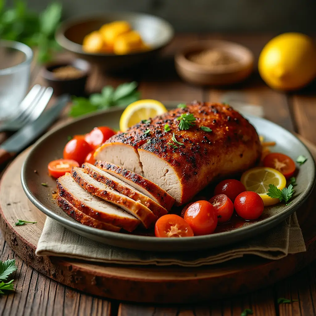 Seasoned turkey breast placed on a smoker grill with wood chips releasing smoke.

